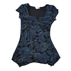 Y2K Whimsigoth Glitter Paisley Babydoll Top Size S Asymmetric Hem Fairy Grunge